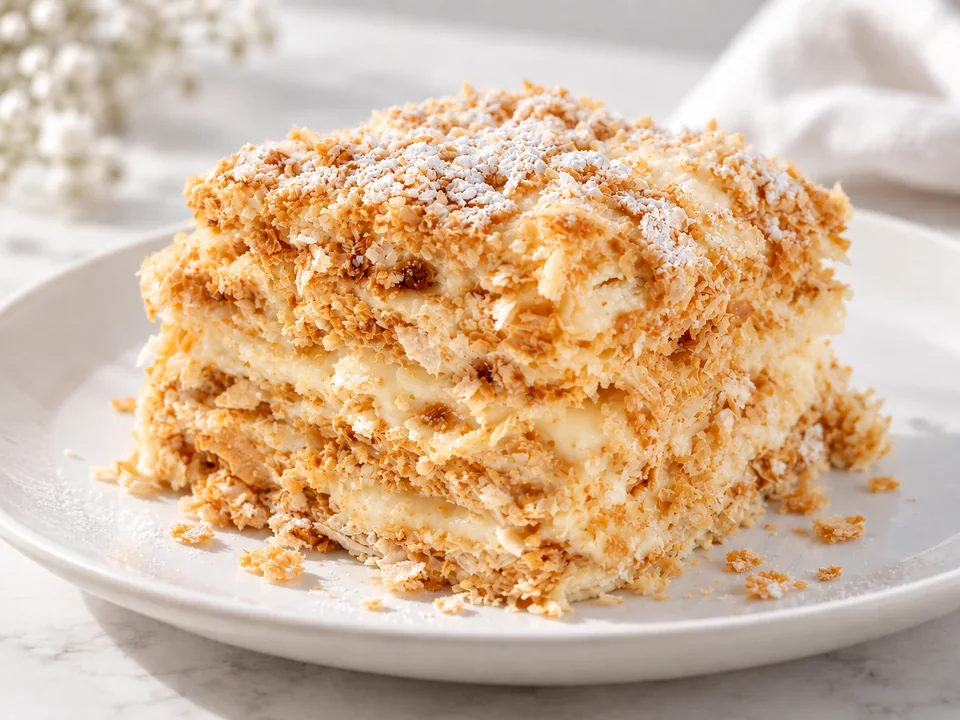 Illustrative close-up of a layered Napoleon slice on a white plate